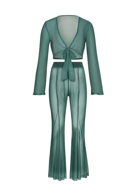 Bild: Strandset: Shirt und Hose von LSCN by LASCANA: Aufregendes, semitransparentes Set aus Shirt und Hose von LSCN by Lascana. Bauchfreies Langarmshirt zum Knoten vorn. Schlupfhose mit Gummizug und ausgestelltem Bein. Elastische Meshware.