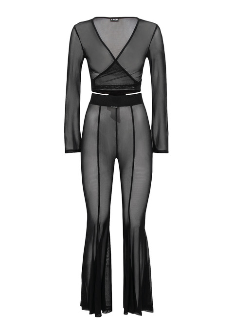 Bild: Strandset: Shirt und Hose von LSCN by LASCANA: Aufregendes, semitransparentes Set aus Shirt und Hose von LSCN by Lascana. Bauchfreies Langarmshirt zum Knoten vorn. Schlupfhose mit Gummizug und ausgestelltem Bein. Elastische Meshware.