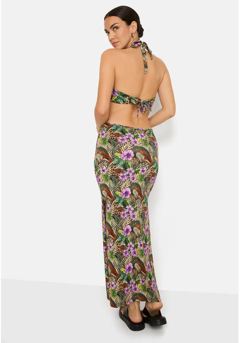 Bild: Maxikleid von LSCN by LASCANA: Maxikleid von LSCN by Lascana mit Cut-outs. Neckholder mit Bindeband hinten. Extratiefer V-Ausschnitt mit Ringdetail. Cut-outs an der Taille. Seitlicher Schlitz im Rockteil. Schmale Passform. Weicher Jersey mit Alloverdruck.