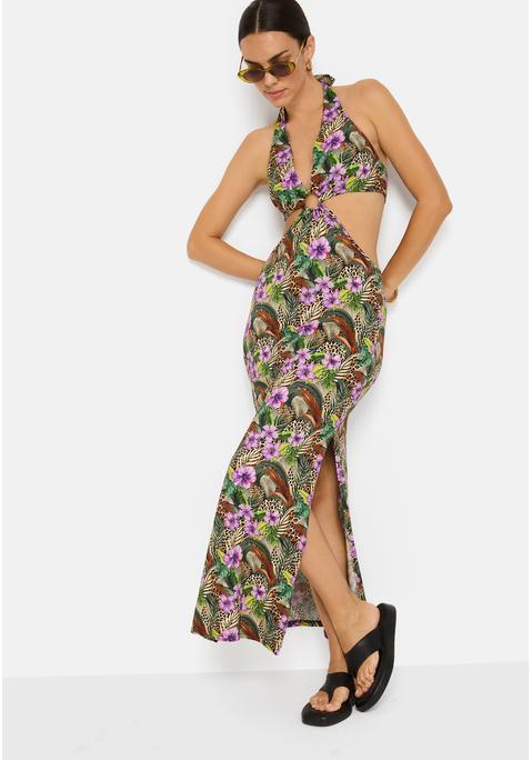 Bild: Maxikleid von LSCN by LASCANA: Maxikleid von LSCN by Lascana mit Cut-outs. Neckholder mit Bindeband hinten. Extratiefer V-Ausschnitt mit Ringdetail. Cut-outs an der Taille. Seitlicher Schlitz im Rockteil. Schmale Passform. Weicher Jersey mit Alloverdruck.