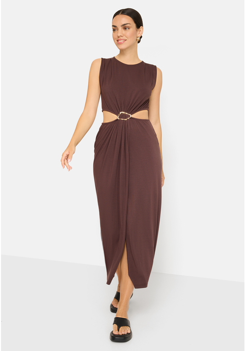 Bild: Maxikleid von LSCN by LASCANA: Unifarbenes Maxikleid von LSCN by Lascana mit Cut-outs seitlich auf Taillenhöhe. Hoher Rundhalsausschnitt. Eingelegte Falten auf der Schulter. Schmuckdetail vorn am Bauch. Hinten Schlitz mit Knopfverschluss im Nacken. Weiche, fließende Jerseyqualität.