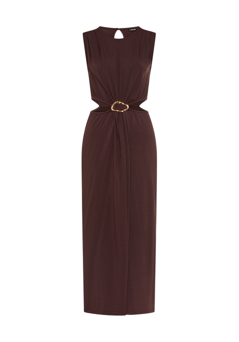 Bild: Maxikleid von LSCN by LASCANA: Unifarbenes Maxikleid von LSCN by Lascana mit Cut-outs seitlich auf Taillenhöhe. Hoher Rundhalsausschnitt. Eingelegte Falten auf der Schulter. Schmuckdetail vorn am Bauch. Hinten Schlitz mit Knopfverschluss im Nacken. Weiche, fließende Jerseyqualität.