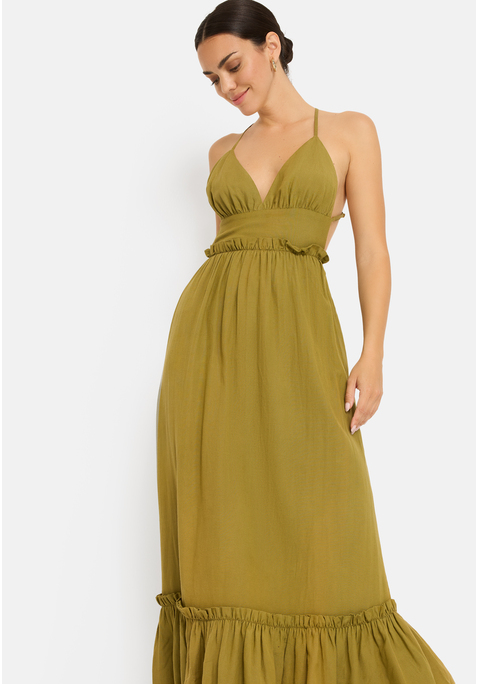 Bild: Maxikleid von LSCN by LASCANA: Stylisches unifarbenes Maxikleid von LSCN by Lascana mit tiefem V-Ausschnitt. Verstellbare, im Rücken gekreuzte Spaghettiträger. Rüschen- und Volantdetails. Weiter Rockteil mit Volantabschluss. Leichte Webware mit Leinenanteil.