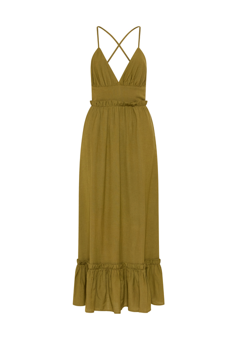 Bild: Maxikleid von LSCN by LASCANA: Stylisches unifarbenes Maxikleid von LSCN by Lascana mit tiefem V-Ausschnitt. Verstellbare, im Rücken gekreuzte Spaghettiträger. Rüschen- und Volantdetails. Weiter Rockteil mit Volantabschluss. Leichte Webware mit Leinenanteil.