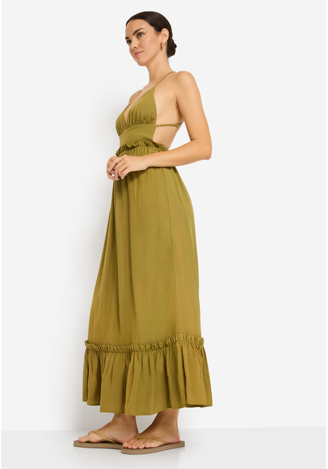 Bild: Maxikleid von LSCN by LASCANA: Stylisches unifarbenes Maxikleid von LSCN by Lascana mit tiefem V-Ausschnitt. Verstellbare, im Rücken gekreuzte Spaghettiträger. Rüschen- und Volantdetails. Weiter Rockteil mit Volantabschluss. Leichte Webware mit Leinenanteil.