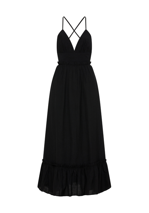 Bild: Maxikleid von LSCN by LASCANA: Stylisches unifarbenes Maxikleid von LSCN by Lascana mit tiefem V-Ausschnitt. Verstellbare, im Rücken gekreuzte Spaghettiträger. Rüschen- und Volantdetails. Weiter Rockteil mit Volantabschluss. Leichte Webware mit Leinenanteil.