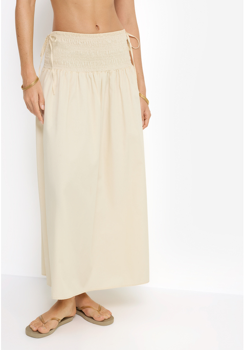 Bild: Maxirock von LSCN by LASCANA: Strandrock von LSCN by Lascana in Maxilänge. Breiter Smokbund auf der Taille mit dekorativen festen Schnüren an jeder Seite. Gerader Saum. Trageangenehme Qualität aus reiner Baumwolle.
