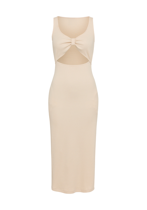 Bild: Midikleid von LSCN by LASCANA: Midikleid von LSCN by Lascana. Tiefer Ausschnitt und Cut-out unterhalb des geknoteten Bustiers. Hoch geschlitzter Rock. Breite Tanktop-Träger, bequeme Passform. Weiche, elastische Baumwoll-Rippware.