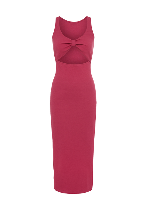 Bild: Midikleid von LSCN by LASCANA: Midikleid von LSCN by Lascana. Tiefer Ausschnitt und Cut-out unterhalb des geknoteten Bustiers. Hoch geschlitzter Rock. Breite Tanktop-Träger, bequeme Passform. Weiche, elastische Baumwoll-Rippware.