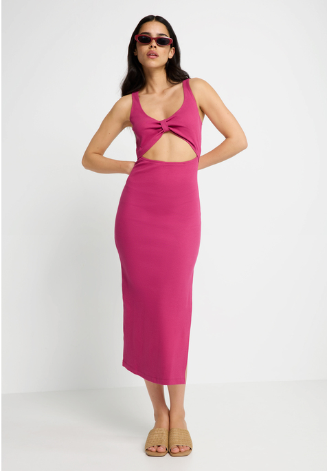Bild: Midikleid von LSCN by LASCANA: Midikleid von LSCN by Lascana. Tiefer Ausschnitt und Cut-out unterhalb des geknoteten Bustiers. Hoch geschlitzter Rock. Breite Tanktop-Träger, bequeme Passform. Weiche, elastische Baumwoll-Rippware.