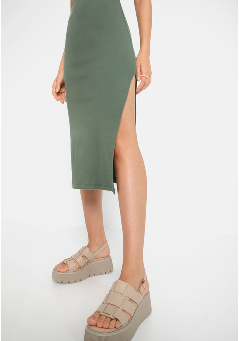 Bild: Midikleid von LSCN by LASCANA: Midikleid von LSCN by Lascana. Tiefer Ausschnitt und Cut-out unterhalb des geknoteten Bustiers. Hoch geschlitzter Rock. Breite Tanktop-Träger, bequeme Passform. Weiche, elastische Baumwoll-Rippware.