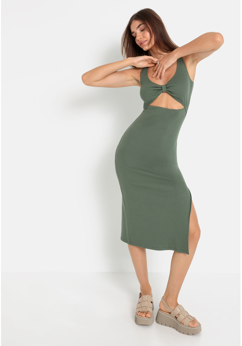 Bild: Midikleid von LSCN by LASCANA: Midikleid von LSCN by Lascana. Tiefer Ausschnitt und Cut-out unterhalb des geknoteten Bustiers. Hoch geschlitzter Rock. Breite Tanktop-Träger, bequeme Passform. Weiche, elastische Baumwoll-Rippware.