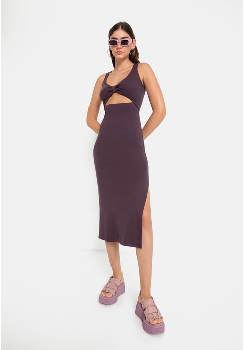 Bild: Midikleid von LSCN by LASCANA: Midikleid von LSCN by Lascana. Tiefer Ausschnitt und Cut-out unterhalb des geknoteten Bustiers. Hoch geschlitzter Rock. Breite Tanktop-Träger, bequeme Passform. Weiche, elastische Baumwoll-Rippware.