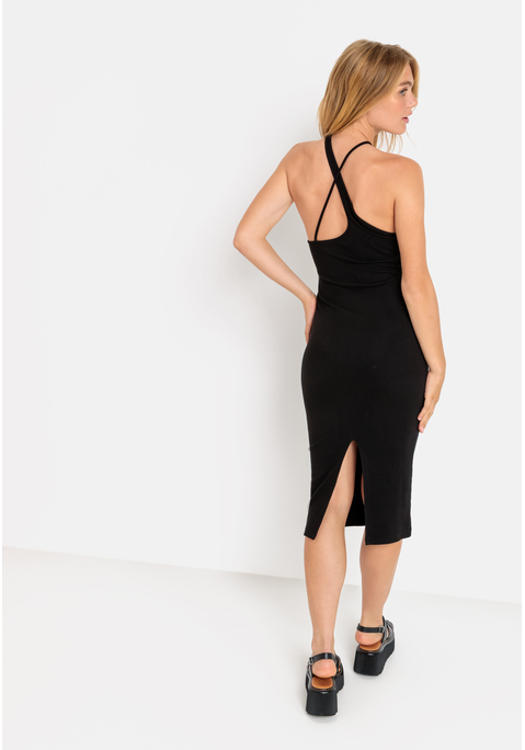 Bild: Midikleid von LSCN by LASCANA: Midikleid von LSCN by Lascana.  Tiefer Rundhalsausschnitt. Mit besonderer Trägerlösung. Schmale Passform. Gerader Saumabschluss mit Schlitz hinten. Weiche Rippware