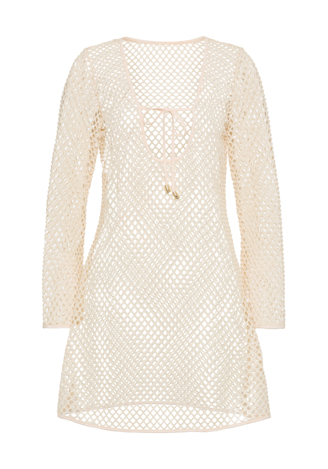 Bild: Minikleid von LSCN by LASCANA: Transparentes Minikleid in Häkel-Netzoptik von LSCN by Lascana. Tiefer Ausschnitt mit Bindeband und Cut-Out. Weite, lange Ärmel. Knielang. Perfekt für Pool und Strand. Weiches Material.