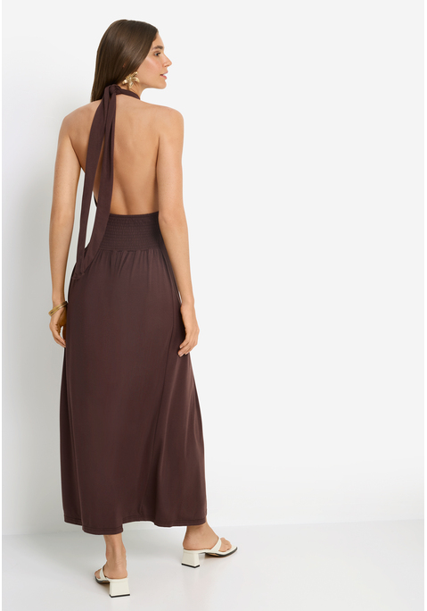 Bild: Neckholderkleid von LSCN by LASCANA: Maxikleid von LSCN by Lascana. Extratiefes Dekolleté mit Cut-out. Tiefer Rückenausschnitt. Breite Träger, variabel zu knoten. Breiter Smokeinsatz über dem Gesäß, sorgt für perfekten Sitz. Weich fließender Rock. Aus geschmeidiger Jerseyware.