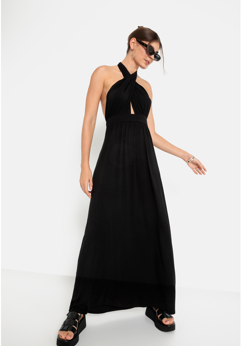 Bild: Neckholderkleid von LSCN by LASCANA: Maxikleid von LSCN by Lascana. Extratiefes Dekolleté mit Cut-out. Tiefer Rückenausschnitt. Breite Träger, variabel zu knoten. Breiter Smokeinsatz über dem Gesäß, sorgt für perfekten Sitz. Weich fließender Rock aus geschmeidiger Jerseyware.