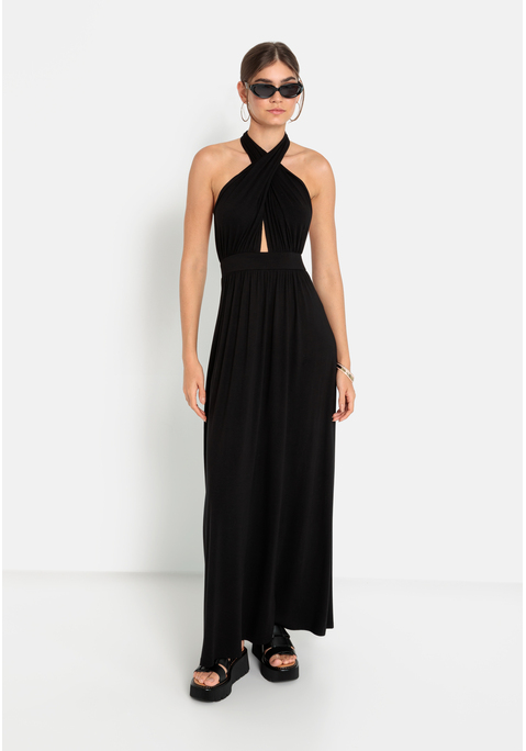 Bild: Neckholderkleid von LSCN by LASCANA: Maxikleid von LSCN by Lascana. Extratiefes Dekolleté mit Cut-out. Tiefer Rückenausschnitt. Breite Träger, variabel zu knoten. Breiter Smokeinsatz über dem Gesäß, sorgt für perfekten Sitz. Weich fließender Rock aus geschmeidiger Jerseyware.