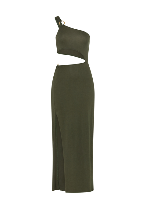 Bild: One-Shoulder-Kleid von LSCN by LASCANA: Maxikleid von LSCN by Lascana. One-shoulder-Optik mit modischem Cut-out in der Taille. Ringdetail an Schulter und Taille. Hoch geschlitzter Rock. Breiter Tanktop-Träger. Figurbetonte Passform. Weiche, elastische Jerseyware.