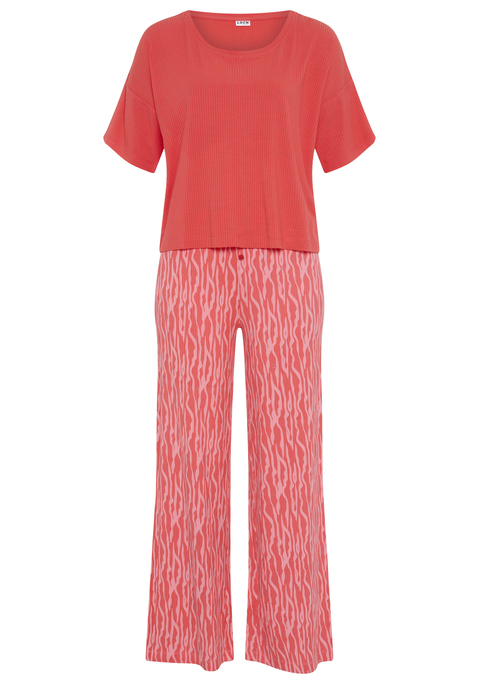 Bild: Pyjama von LSCN by LASCANA: Unifarbener Pyjama von LSCN by LASCANA. Oberteil mit überschnittener Schulter und halblangen Ärmeln. Rundhalsausschnitt mit Blende. Hüftlang. High-waist-Hose mit weitem Bein und kleiner Zierknopfleiste. Elastische Rippware aus Viskosemischung.