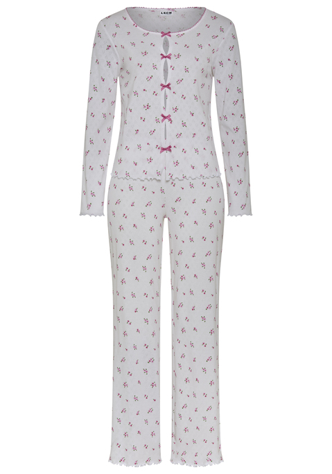 Bild: Pyjama von LSCN by LASCANA: Schlafanzug von LSCN by LASCANA mit Zierschleifen. Blümchen-Print. Langarm. Eingesetzte Ärmel. Ärmelabschluss mit Babylock. Rundhals mit Häkelkante. Kontrastfarbene Details. Kräuselsäume. Lange Hose mit elastischem Bund. Ajour Strick aus reiner Baumwolle. Geblümt. Allover-Druck. Häkelapplikation. Jersey. Ohne Verschluss.