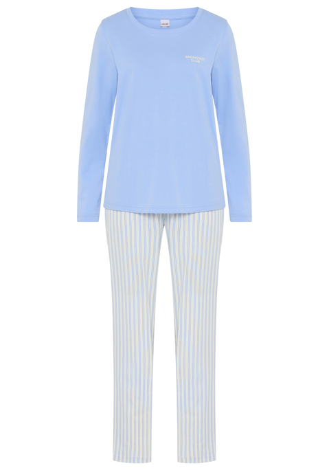 Bild: Schlafanzug von LSCN by LASCANA: Schlafanzug von LSCN by LASCANA mit Front- und Back-Print. Hose mit Streifenmuster. Eingesetzte Ärmel. Langarm. Rundhals mit Blende. Eingrifftaschen. Single Jersey aus Baumwolle. Abgesteppter Rumpf- und Ärmelabschluss. Loose Fit.