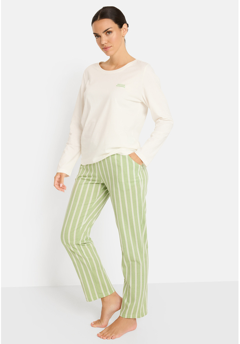 Bild: Schlafanzug von LSCN by LASCANA: Schlafanzug von LSCN by LASCANA mit Front- und Back-Print. Hose mit Streifenmuster. Eingesetzte Ärmel. Langarm. Rundhals mit Blende. Eingrifftaschen. Single Jersey aus Baumwolle. Abgesteppter Rumpf- und Ärmelabschluss. Loose Fit.