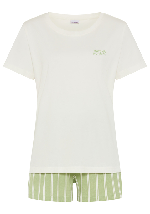 Bild: Shorty von LSCN by LASCANA: Shorty von LSCN by LASCANA mit Front- und Back-Print. Hose mit Streifenmuster. Langarm. Eingesetzte Ärmel. Rundhals mit Blende. Eingrifftaschen. Single Jersey aus Baumwolle. Abgesteppter Rumpf- und Ärmelabschluss. Loose Fit.