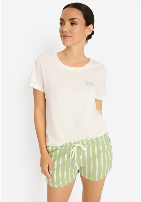 Bild: Shorty von LSCN by LASCANA: Shorty von LSCN by LASCANA mit Front- und Back-Print. Hose mit Streifenmuster. Langarm. Eingesetzte Ärmel. Rundhals mit Blende. Eingrifftaschen. Single Jersey aus Baumwolle. Abgesteppter Rumpf- und Ärmelabschluss. Loose Fit.