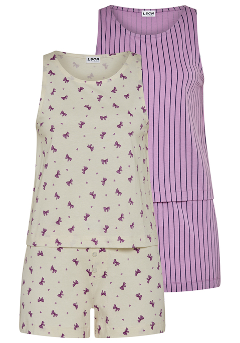 Bild: Shorty von LSCN by LASCANA: Shorty von LSCN by LASCANA mit All-Over Print. Doppelpack. Ärmelloses Top und kurze Hose. Unechter Hosenschlitz mit Zierknöpfen. Angenehme Baumwoll-Viskosemischung. Markenlabel. Single Jersey. Rumpfabschluss abgesteppt. Rundhals mit Blende. Gerade Passform. Modischer Stil. Hüftlang.
