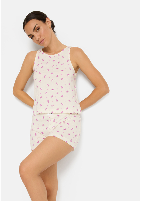 Bild: Shorty von LSCN by LASCANA: Shorty von LSCN by LASCANA mit All-Over Print. Doppelpack. Ärmelloses Top und kurze Hose. Unechter Hosenschlitz mit Zierknöpfen. Angenehme Baumwoll-Viskosemischung. Markenlabel. Single Jersey. Rumpfabschluss abgesteppt. Rundhals mit Blende. Gerade Passform. Modischer Stil. Hüftlang.