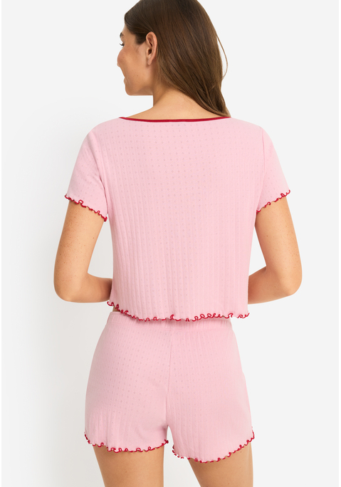 Bild: Shorty von LSCN by LASCANA: Niedlicher Shorty von LSCN by Lascana. Kurzarm-Shirt mit rundem Ausschnitt und Kontrastnähten sowie Schleifendetail vorn. Shorts mit elastischem Bund, kleiner Schleife und Kontrastnähten. Toller Babylock-Saum. Trageangenehme Qualität.