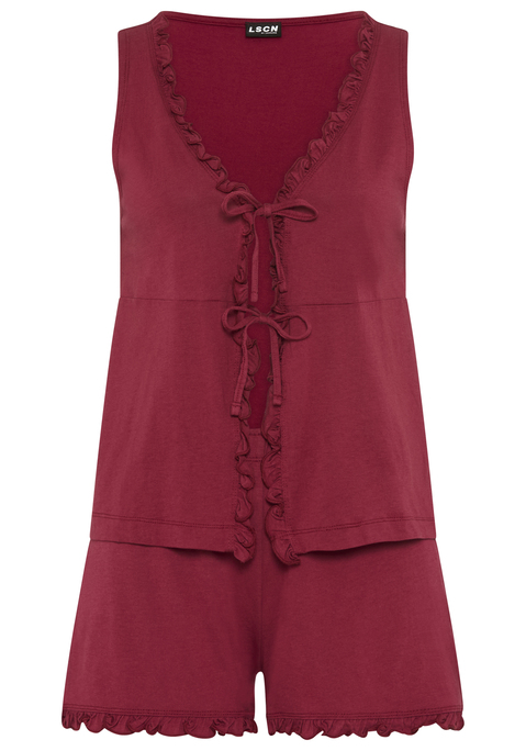 Bild: Shorty von LSCN by LASCANA: Shorty von LSCN by LASCANA mit Rüschen. Ärmellos. V-Ausschnitt. Oberteil mit Bindebändern vorn. Shorts mit Rüschensaum. Weiche Baumwoll-Viskosemischung. Single Jersey. Abgesteppter Rumpf- und Ärmelabschluss. Gerade Passform.