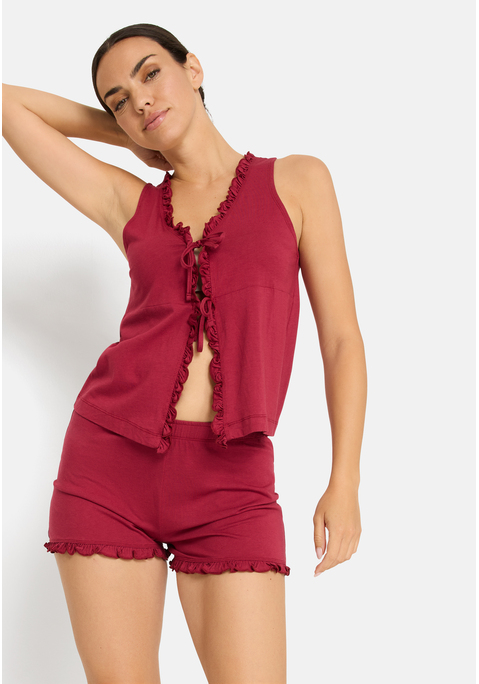 Bild: Shorty von LSCN by LASCANA: Shorty von LSCN by LASCANA mit Rüschen. Ärmellos. V-Ausschnitt. Oberteil mit Bindebändern vorn. Shorts mit Rüschensaum. Weiche Baumwoll-Viskosemischung. Single Jersey. Abgesteppter Rumpf- und Ärmelabschluss. Gerade Passform.