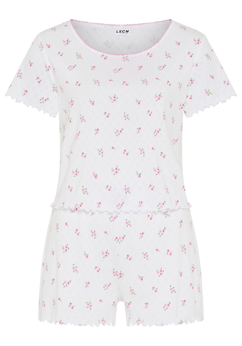 Bild: Shorty von LSCN by LASCANA: Shorty von LSCN by LASCANA mit Babylock-Saum. Blümchen-Print. Kurzarm. Eingesetzte Ärmel. Rundhals mit Häkelkante. Shirt mit Kräuselsäumen. Kurze Hose mit elastischem Bund, Zierschleife und Kräuselsaum. Ajour-Strick aus reiner Baumwolle. Jersey. Figurumspielende Passform. Femininer Stil.