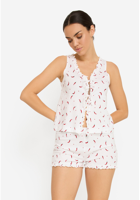 Bild: Shorty von LSCN by LASCANA: Shorty von LSCN by LASCANA mit Rüschen. Ärmellos. V-Ausschnitt. Oberteil mit Bindebändern vorn. Shorts mit Rüschensaum. Weiche Baumwoll-Viskosemischung. Single Jersey. Abgesteppter Rumpf- und Ärmelabschluss. Gerade Passform.