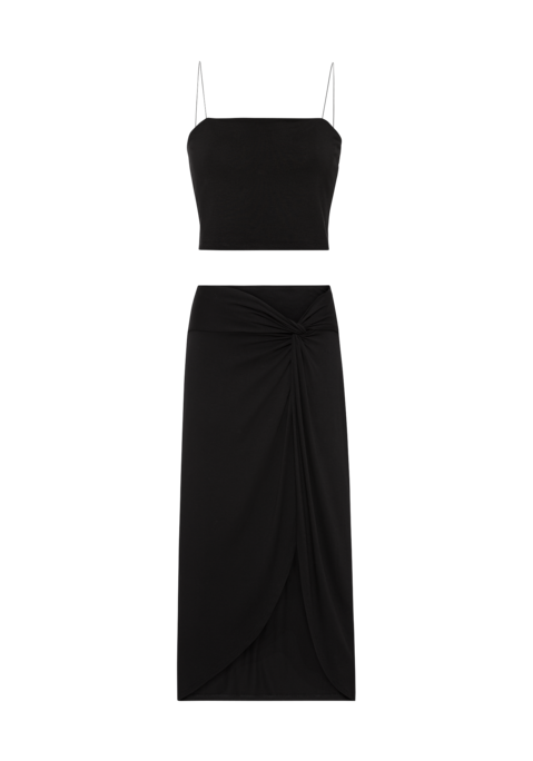 Bild: Strandset: Spaghettitop und Midirock von LSCN by LASCANA: Unifarbenes Trägertop und Midirock im Set. Top mit geradem Ausschnitt und Spaghettiträgern in verkürzter Länge. Midirock mit elastischem Bund und Knotendetail vorn. Aus elastischer Jerseyqualität.