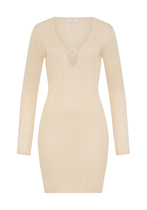 Bild: Strandkleid von LSCN by LASCANA: Schönes Strandkleid von LSCN by Lascana in kurzer Länge und mit langen Ärmeln. Tolles Ring-Accessoire in heller Hornoptik vorne am tiefem V-Ausschnitt. Gerader Saum. Halbtransparente, luftige Viskose-Qualität.