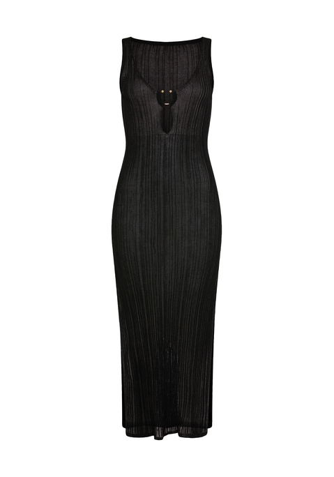Bild: Strandkleid von LSCN by LASCANA: Ärmelloses Midikleid von LSCN by Lascana mit schmalen Trägern. Raffiniertes Ring-Accessoire in heller Hornoptik vorn am tiefen V-Ausschnitt. Gerader Saum auf Höhe der Waden mit Schlitzen an beiden Seitennähten. Halbtransparente, luftige Viskose-Qualität.