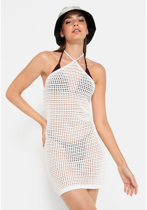 Bild: Strickkleid von LSCN by LASCANA: Minikleid von LSCN by Lascana. Semitransparent durch das Lochmuster. Figurbetonte Passform. Modische Träger vorn, tiefer Rückenausschnitt mit Bindeband. Perfekt für heiße Sommertage. Leichte, luftige Baumwollqualität.