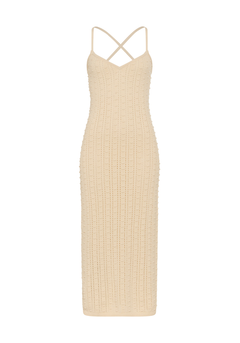 Bild: Strickkleid von LSCN by LASCANA: Modisches unifarbenes Strickkleid von LSCN by Lascana in Midilänge. Tiefer Rückenausschnitt mit gekreuzten Spaghettiträgern zum Binden. Tiefer V-Ausschnitt. Weicher, leicht transparenter Ajourstrick.