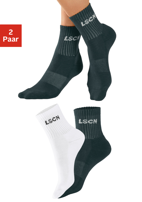 Bild: Tennissocken von LSCN by LASCANA: Sportliche Tennissocken in Markenqualität von Lascana. Praktischer 2er-Pack. Druckfreies Rippbündchen. Mit Logo-Schriftzug unter dem Bund. Weiche, atmungsaktive Baumwollmischung.