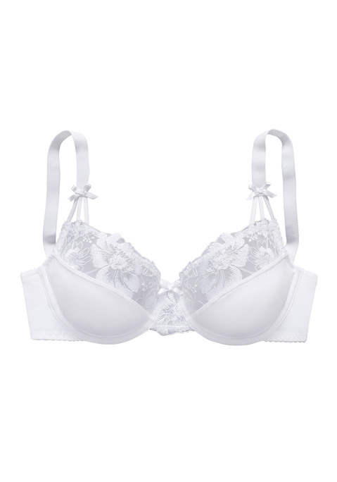 Bild: Bügel-BH von Nuance: Femininer Bügel-BH mit extravaganter Stickereispitze. Dopelllagige Cups aus weichem Microtouch-Material. Mit feiner Zierschleife in der vorderen Mitte. Mit edlen, dekoraktiven Trägern. Individuell verstellbare Träger sowie Rückenverschluss.