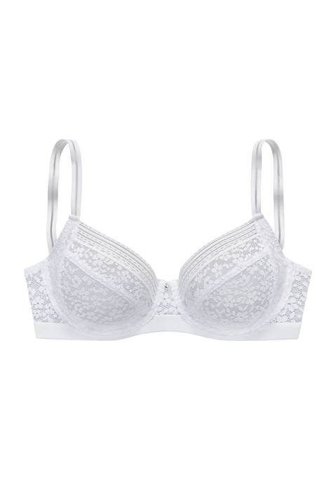 Bild: Bügel-BH von Nuance: Femininer Bügel-BH mit Herzchen-Accessoire in der vorderen Mitte. 3-geteiltes Cup aus weicher Jacquardspitze in blumiger Optik. Seitliche Flügel aus feinem, dezent transparentem Mesh. Mit breitem Unterbrustband und dekorativen Trägern. Individuell verstellbare Träger sowie Rückenverschluss. Aus 92% Polyamid, 8% Elasthan.