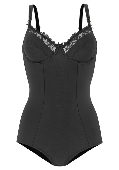 Bild: Body von Nuance by Lascana: Eleganter Body mit Bügel von Nuance. Das hochwertige Material formt eine schöne Silhouette und kaschiert kleine Problemzonen. Das leicht transparente Material in den Obercups lässt die dekorative Stickereispitze optimal zur Geltung kommen. Passend dazu Stickerei Applikationen vorne am Träger. Hübsches Pünktchenmaterial an den Untercups und am Mittelpart des Miederbodies. Die Cups sind auf Bügel gearbeitet und in Ihrer Schnittführung auch auf große Größen ausgerichtet. Der Busen wird angenehm umschlossen und findet stützenden Halt. Um eine optimale Passform bis in große Größen zu ermöglichen, wird bei diesem Modell in größeren Größen die Trägerbreite angepasst. Die breiteren Träger (breiter als hier abgebildet) sitzen somit weiterhin sanft auf den Schultern ohne einzuschneiden. Auch die Rückteile und Verschlussbreiten wachsen mit, um in jeder Größe optimalen Halt zu bieten. Der Miederbody ist im Schritt komfortabel aufhakbar und mit einem weichen Baumwollzwickel gearbeitet. Die Elastikträger sind im Rücken verstellbar und der Rückenverschluss bietet drei Verstellmöglichkeiten. Sexy Dessous. Spitzen-Dessous. Romantische Dessous. Verspielte Dessous. Tolles Dessous aus 80% Polyamid, 10% Polyester, 10% Elasthan. Bodys sind nicht trocknergeeignet, da die Versteller und Ringe durch die Hitze beschädigt werden und brechen.