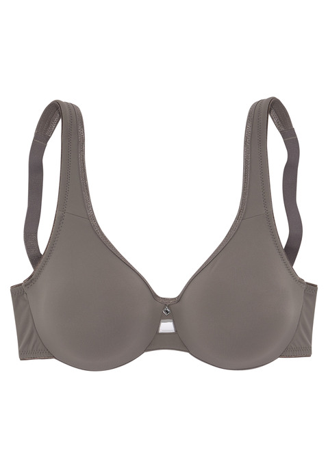 Bild: Minimizer-BH von Nuance by Lascana: Mit nahtlos vorgeformten, unwattierten Cups. Durch die besondere Schnittführung wirkt die Büste optisch kleiner. In Braun oder Weiß. Mit Glitzer-Accessoire in der vorderen Mitte. Träger und Rückenverschluss verstellbar. Unsere BH´s werden für jede Größe maßgeschneidert. Wir verwenden für größere Größen breitere Träger als abgebildet, um ein Einschneiden auf der Schulter zu verhindern. Auch die Rückteile und Verschlussbreiten wachsen mit, um in jeder Größe optimalen Halt und sicheren Sitz zu bieten. Für hohen Tragekomfort sorgen breitere Elastikbänder entlang der Kanten, die dank hochelastischer Nähte nicht einschneiden.  Der Minimizer-BH ist aus 85% Polyamid, 15% Elasthan. BHs sind nicht trocknergeeignet, da die Versteller und Ringe durch die Hitze beschädigt werden und brechen.