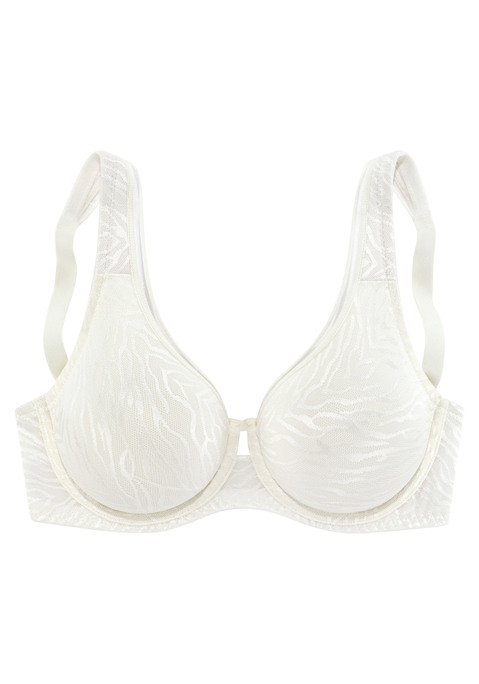 Bild: Minimizer-BH von Nuance by Lascana: Mit Bügel. Nahtlos vorgeformte Cups (ohne Wattierung) aus hübscher elastischer Spitze. Breitere Träger und Rückenverschluß verstellbar. Der BH ist aus 80% Polyamid, 20% Elasthan. BHs sind nicht trocknergeeignet, da die Versteller und Ringe durch die Hitze beschädigt werden und brechen.