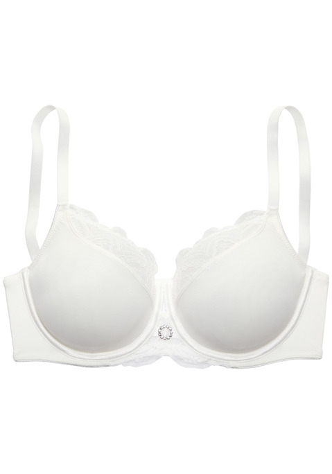 Bild: Minimizer-BH von Nuance by Lascana: Femininer Minimizer-BH (ohne Wattierung) mit extravagantem Strasselement in der vorderen Mitte. Obercup aus feiner Spitze in blumiger Optik. Verkleinert die Büste optisch um eine Größe und bringt sie schön in Form. Mit integrierten Formbügeln für einen sicheren Halt. Individuell verstellbare Träger und Rückenverschluss. Obermaterial: 85% Polyamid, 15% Elasthan.