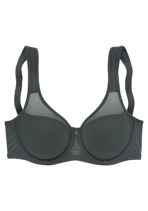 Bild: Minimizer-BH von Nuance by Lascana: Nuance: Minimizer-BH mit Bügel. Leicht transparente Netzeinsätze im Obercup. Nahtlos vorgeformte Cups ohne Wattierung. Durch die besondere Schnittführung wird die Büste optisch verkleinert. Träger und Rückenverschluss verstellbar. Aus 79% Polyamid, 15% Polyester, 6% Elasthan