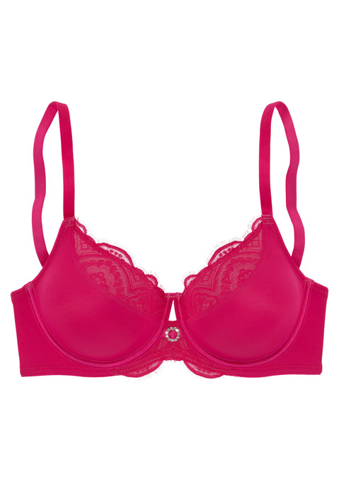 Bild: Minimizer-BH von Nuance by Lascana: Femininer Minimizer-BH (ohne Wattierung) mit extravagantem Strasselement in der vorderen Mitte. Obercup aus feiner Spitze in blumiger Optik. Verkleinert die Büste optisch um eine Größe und bringt sie schön in Form. Mit integrierten Formbügeln für einen sicheren Halt. Individuell verstellbare Träger und Rückenverschluss. Obermaterial: 85% Polyamid, 15% Elasthan.